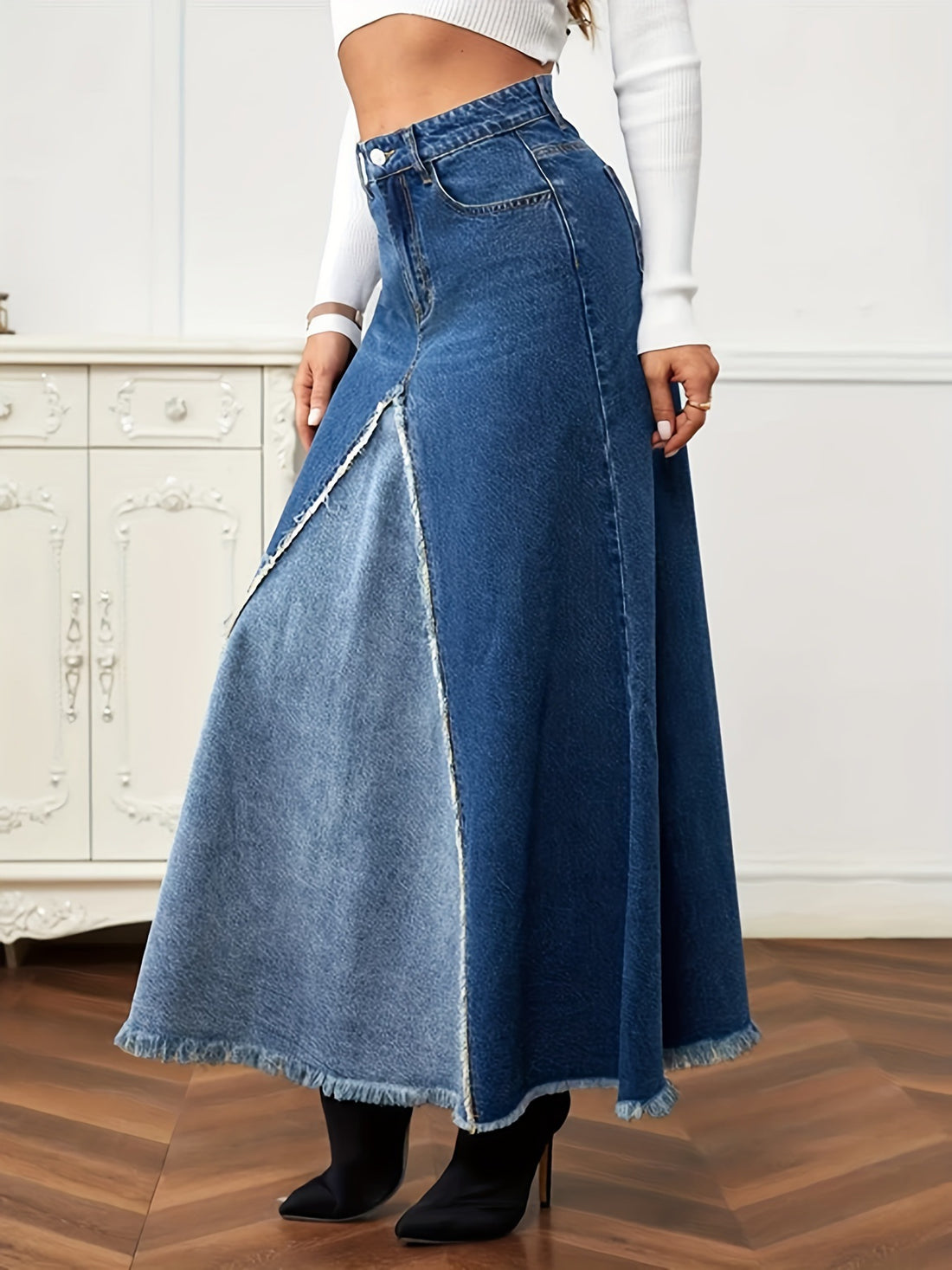 Denim High Waist Flared Skirt