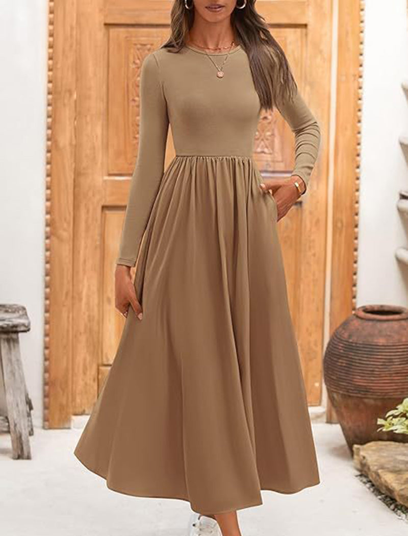 Long-Sleeve Pleated Midi Dress