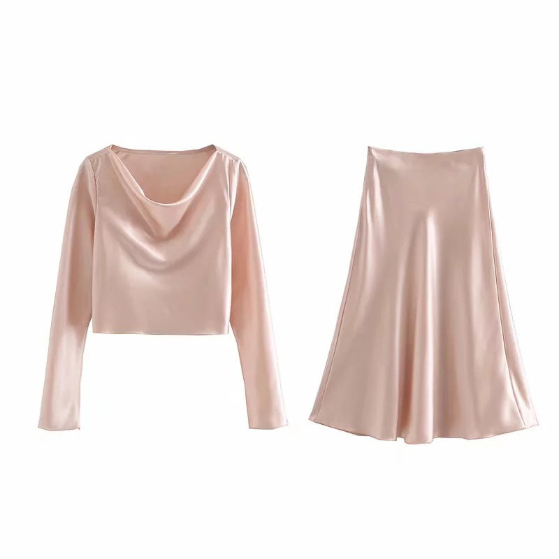 Draped Neck Long Sleeve Top and Skirt Set