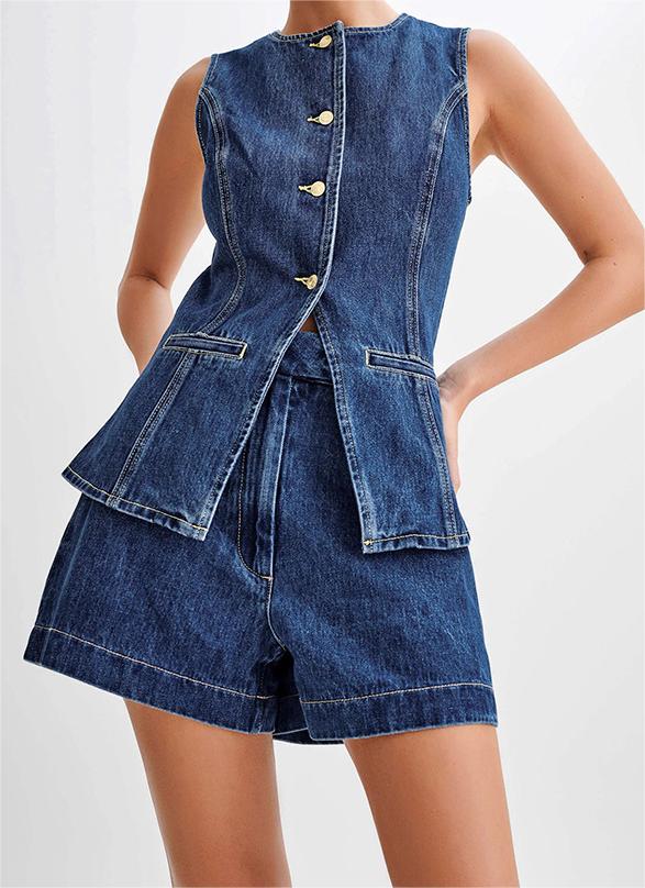 Denim Vest and  High-Waist Shorts Set