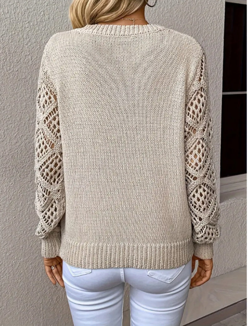 V-Neck Knit Pullover with Crochet Sleeves