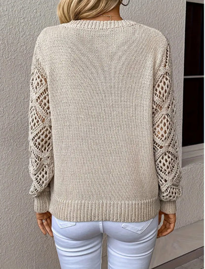 V-Neck Knit Pullover with Crochet Sleeves