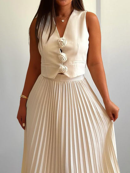 Rosette Vest and Pleated Maxi Skirt Set