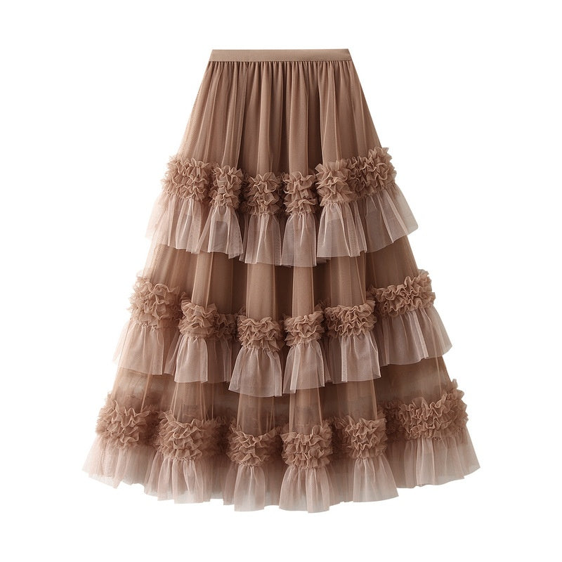 Tiered Ruffle Mesh Midi Skirt