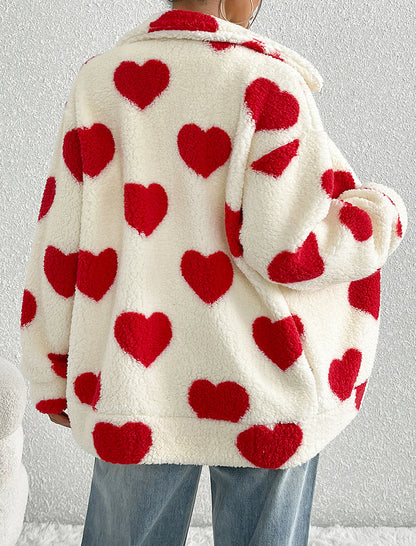 Fleece Heart Print Zip-Up Cardigan