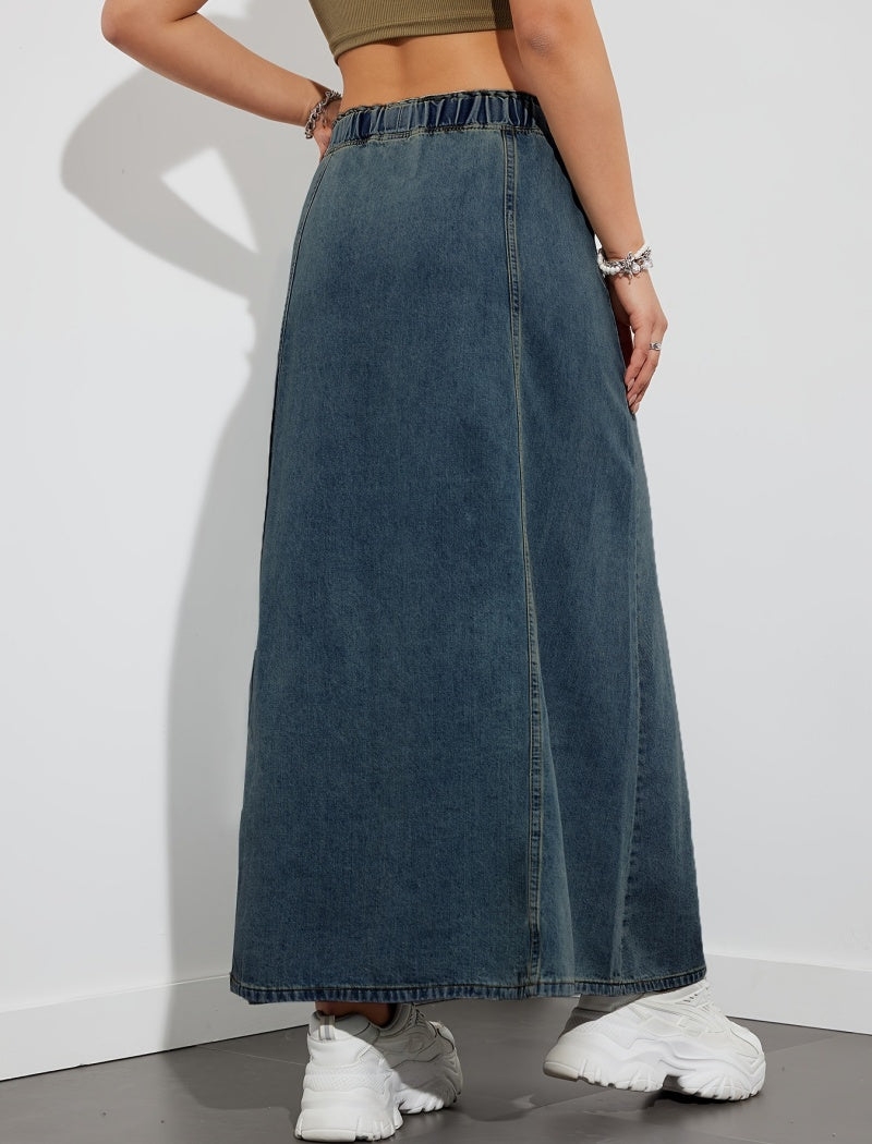 Drawstring Waist Denim Maxi Skirt