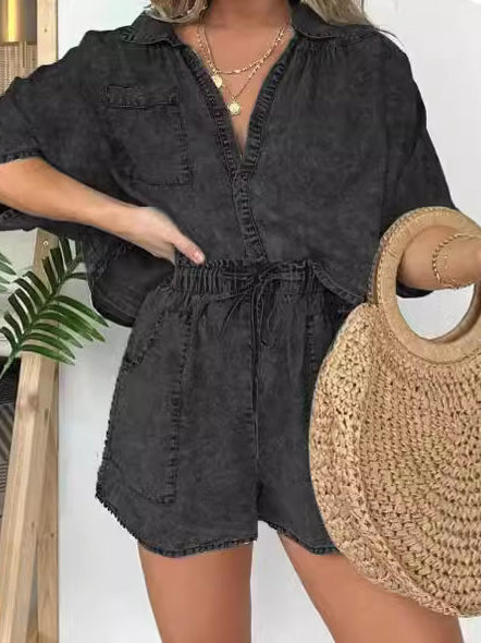 Button-Front Top and Drawstring Shorts Set