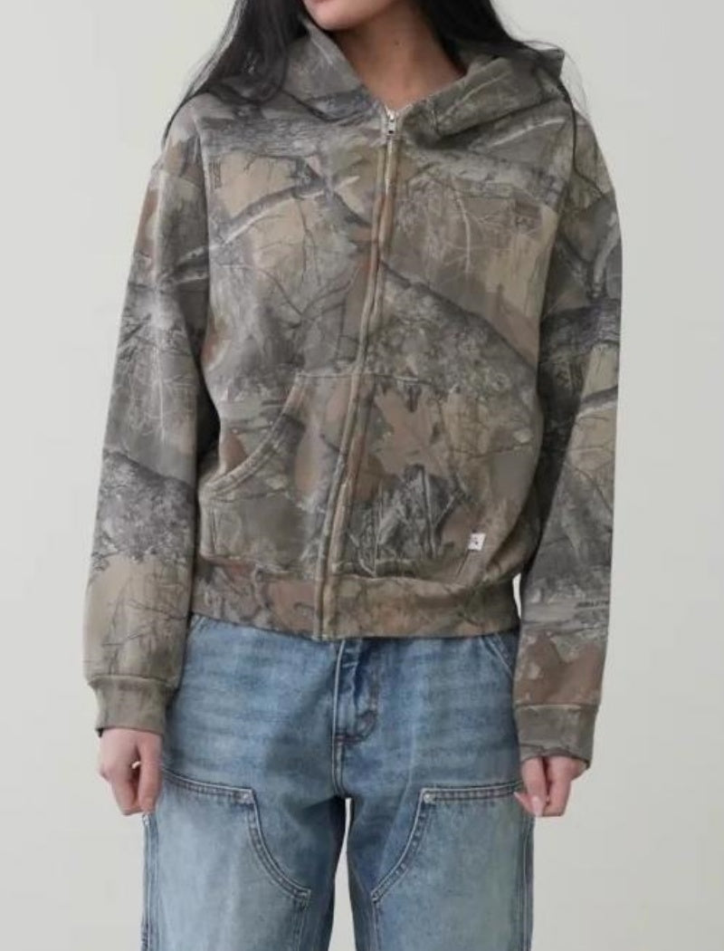 Camo Print Zip-Up Hoodie