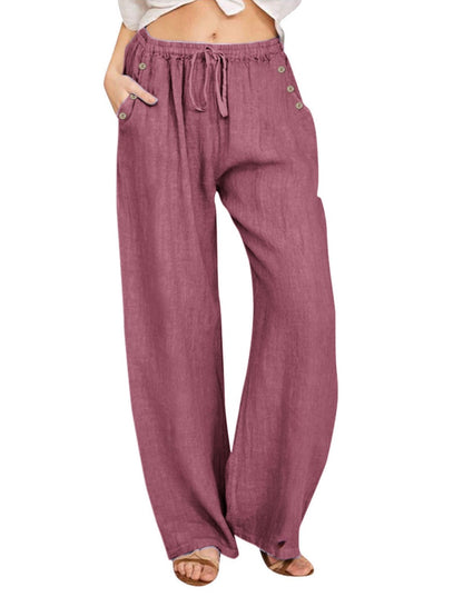 Wide-Leg Buttoned Drawstring Pants