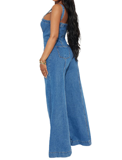 Wide-Leg Button-Up Denim Jumpsuit