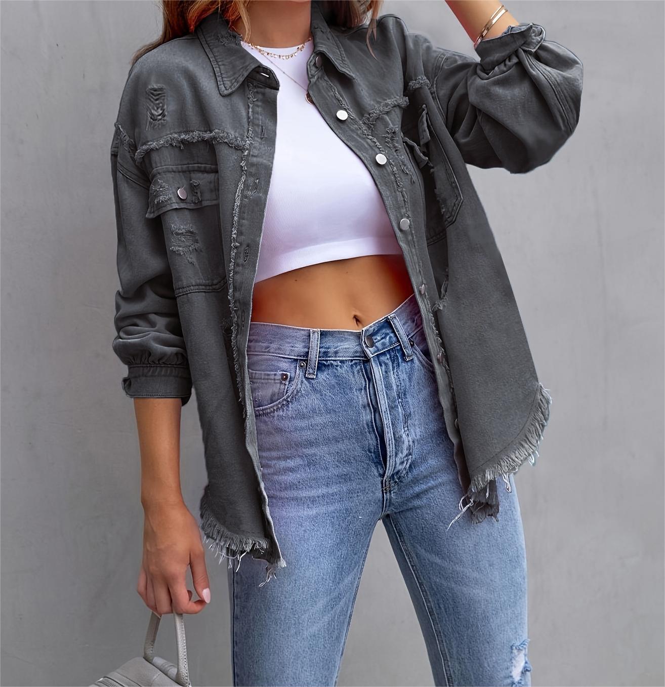 Solid Ripped Long Sleeve Denim Jacket