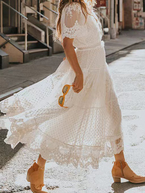 V-Neck Short Sleeve Lace Dress