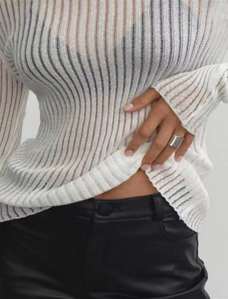 Sheer Ribbed Knit Long Sleeve Top