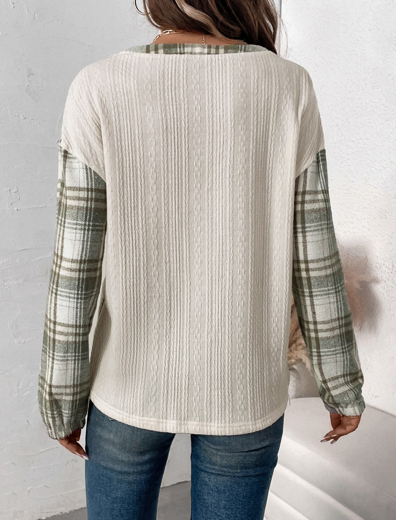 Plaid Sleeve Henley Top