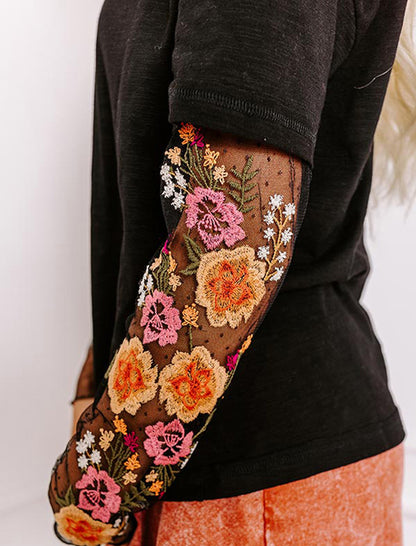 Oversized Tee with Sheer Lace Sleeves