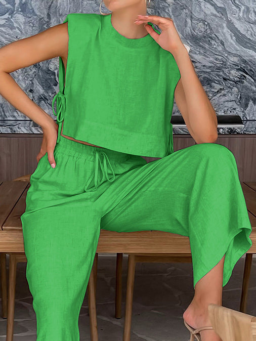 Side-Tie Cropped Top and Wide-Leg Pants Set