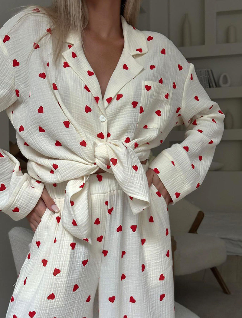 Heart Print Long Sleeve Pajama Set