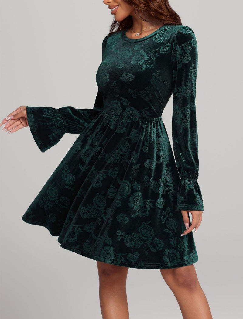 Floral Embossed Long Sleeve Fit-and-Flare Dress