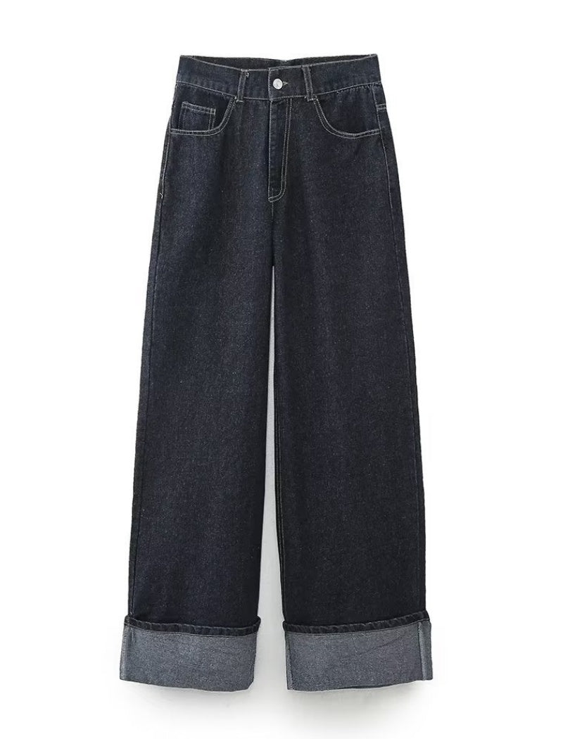 Wide-Leg Denim Pants with Cuffed Hem