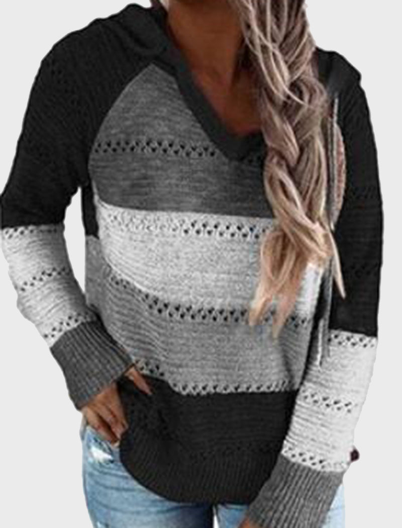 Striped V-Neck Knit Hooded Sweater