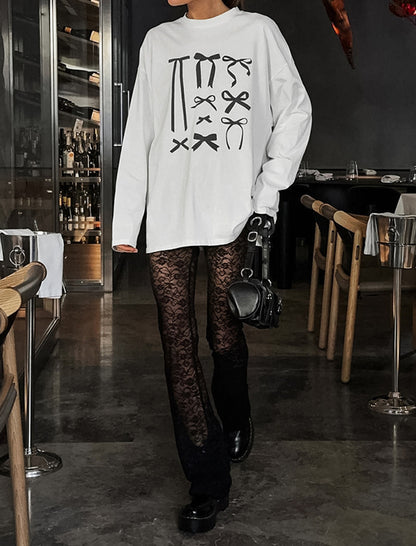 Loose Crewneck Bow Doodle Print Casual T-Shirt