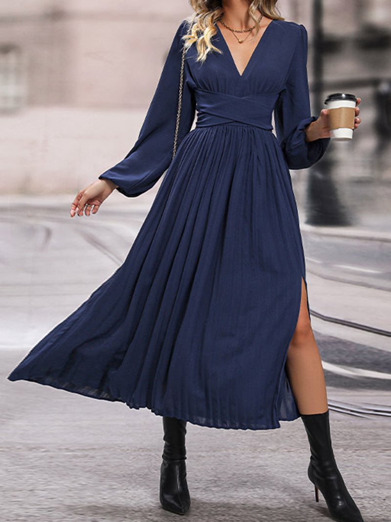 Pleated V-Neck Slit Midi Dress