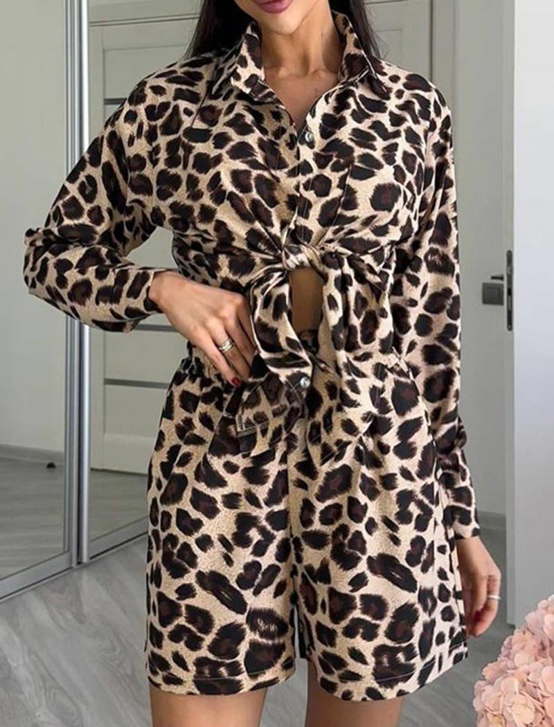 Leopard Print Tie-Front Top and Shorts Set