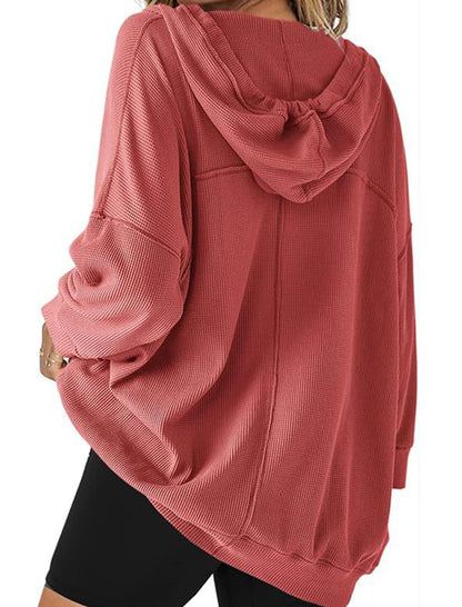 V-Neck Waffle Knit Solid Long Sleeve Hoodie