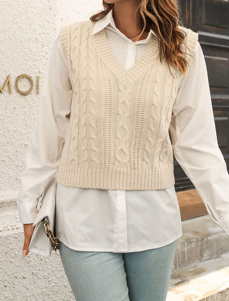 Cropped Cable Knit V-Neck Sweater Vest