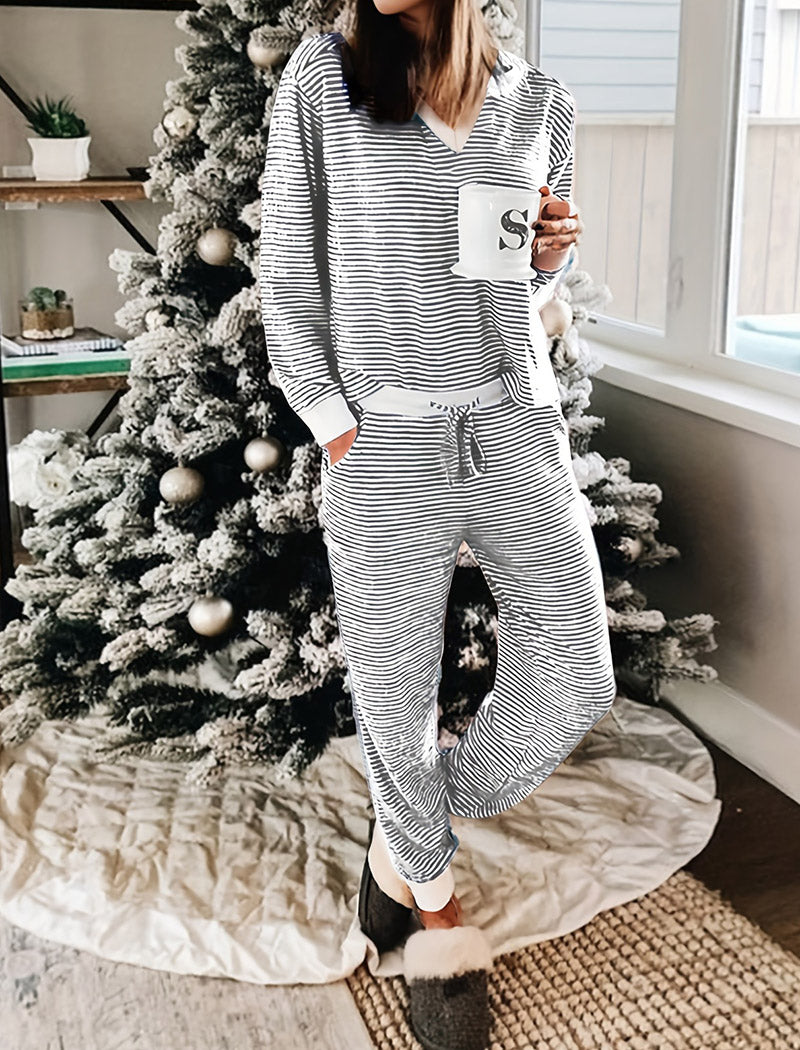 Striped Cozy Lounge Set with V-Neck