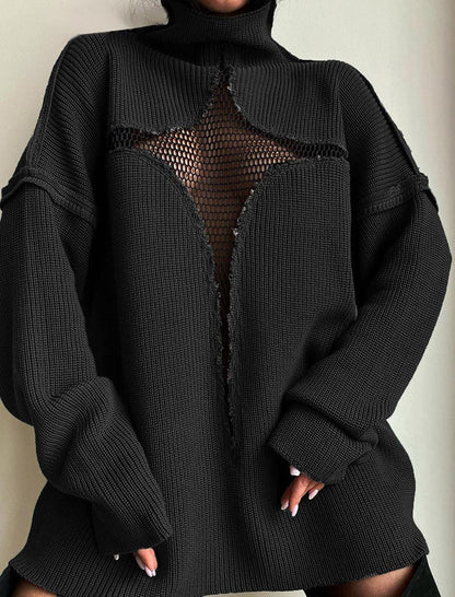 Mesh Star Cutout Turtleneck Sweater