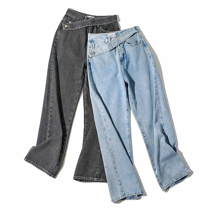 High-Rise Asymmetrical Crossover Jeans