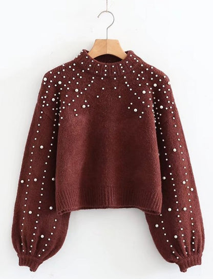 Pearl Embellished Mock Neck Sweater