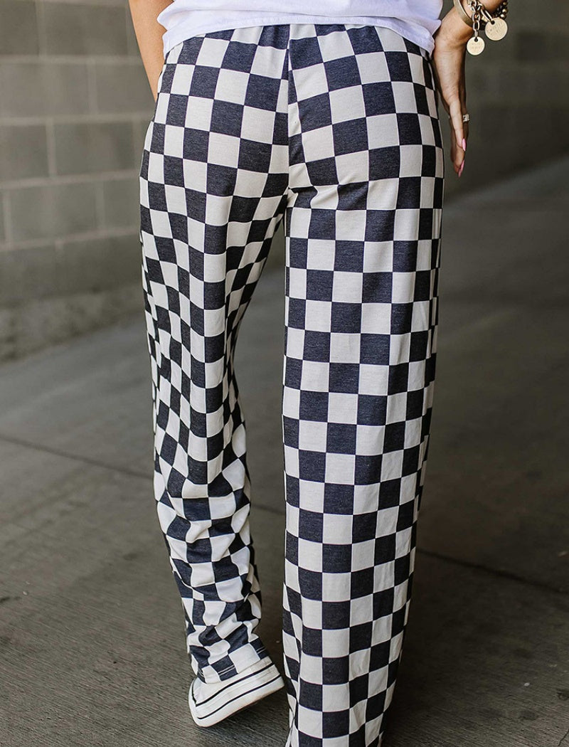 Checkered High-Waisted Wide-Leg Pants