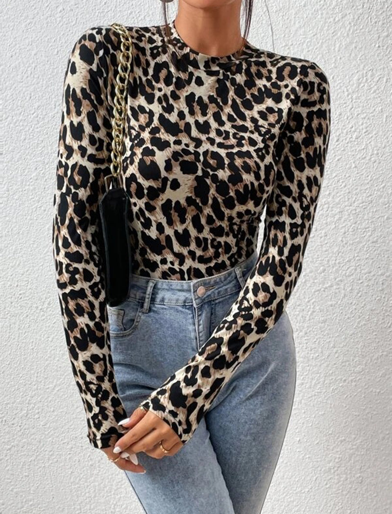 Fitted Leopard Print Long-Sleeve Top