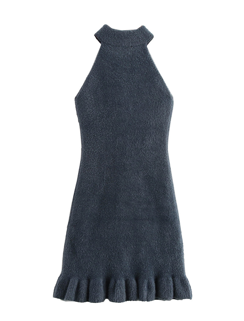 Faux Fur Halter Neck Sleeveless Mini Dress