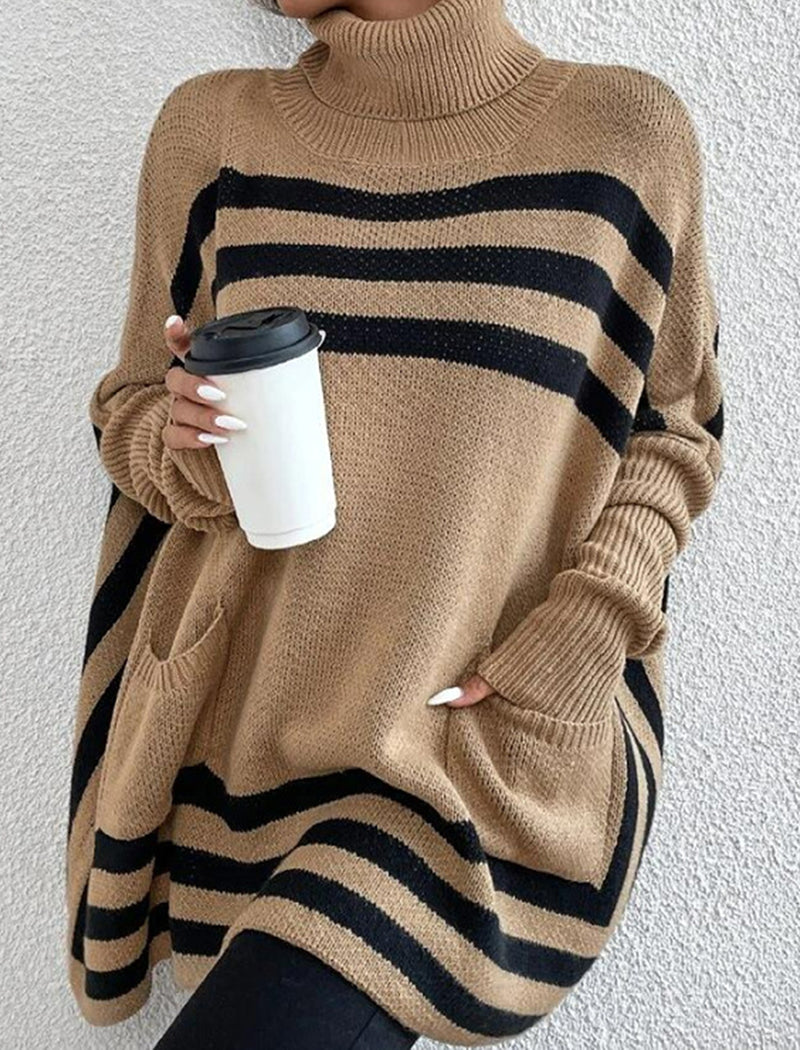 High Neck Striped Batwing Sleeve Sweater