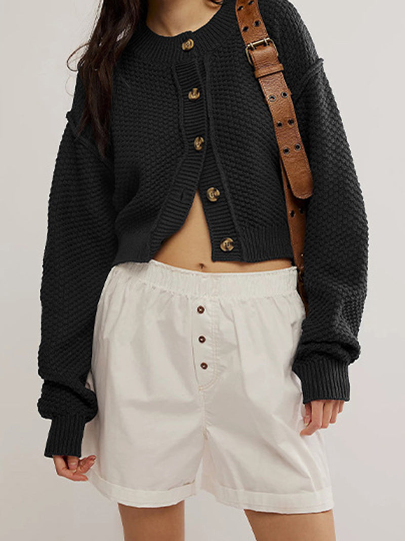 Cropped Button-Up Textured Sweater