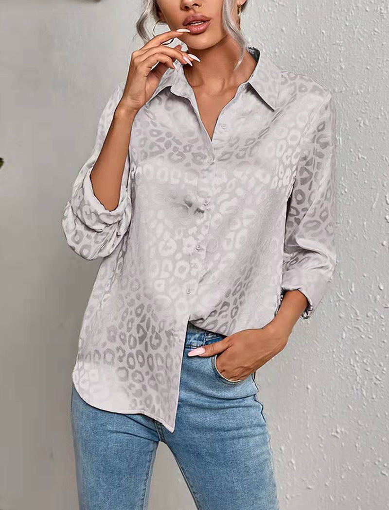 Long Sleeve Satin Jacquard Leopard Shirt