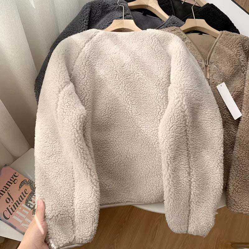 Fleece V-Neck Zipper Sherpa Coat