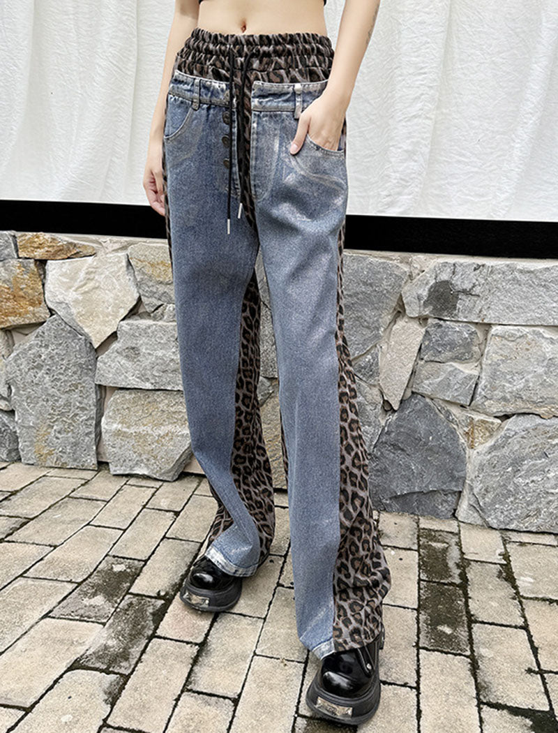 Contrast Panel Metallic Wide-Leg Jeans