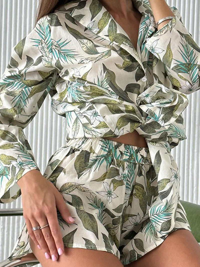 Tropical Leaf Print Shirt and Shorts Set