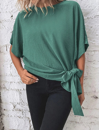 Solid Batwing Sleeve Knot Hem Loose Top