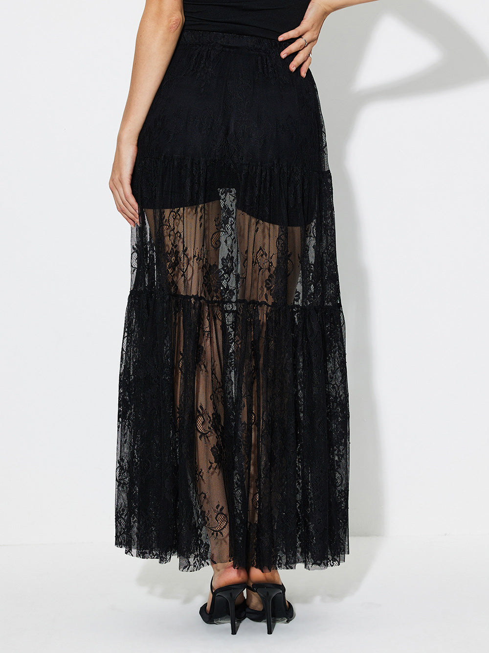 Tiered Sheer Lace Maxi Skirt