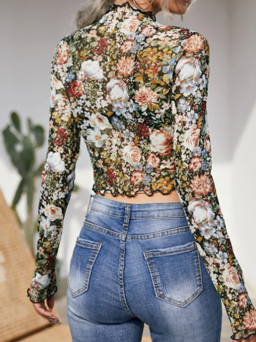 Floral Mesh Mock Neck Top