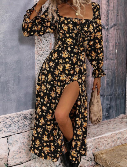 Floral Long Sleeve Backless Dress