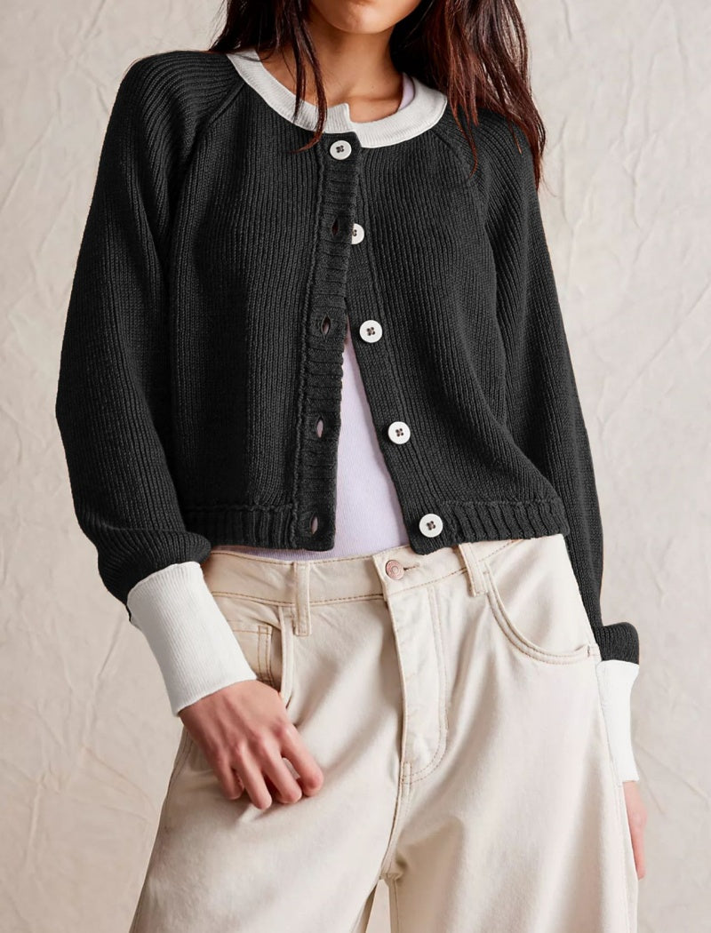 Cropped Contrast Button-Up Cardigan