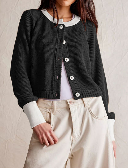 Cropped Contrast Button-Up Cardigan