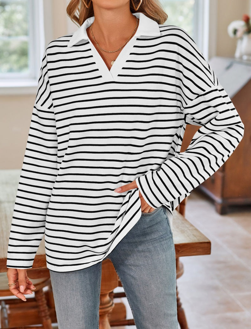 Striped V-Neck Casual Loose-Fit Top