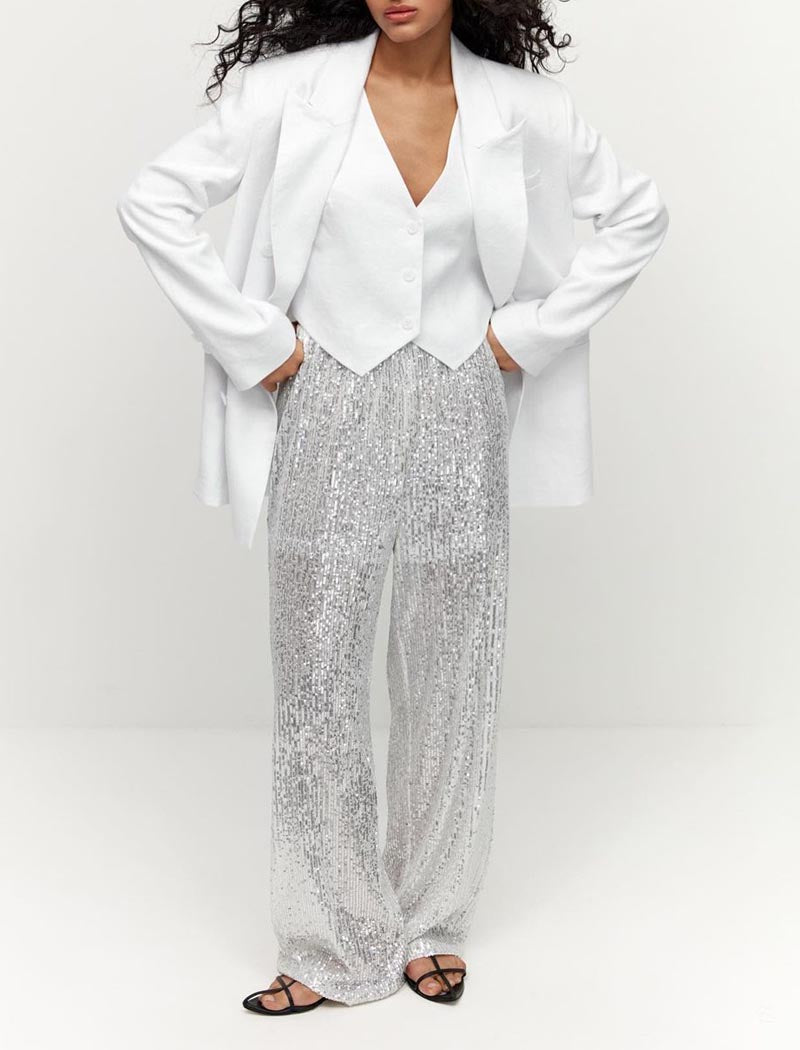 Wide-Leg Sequined Pants